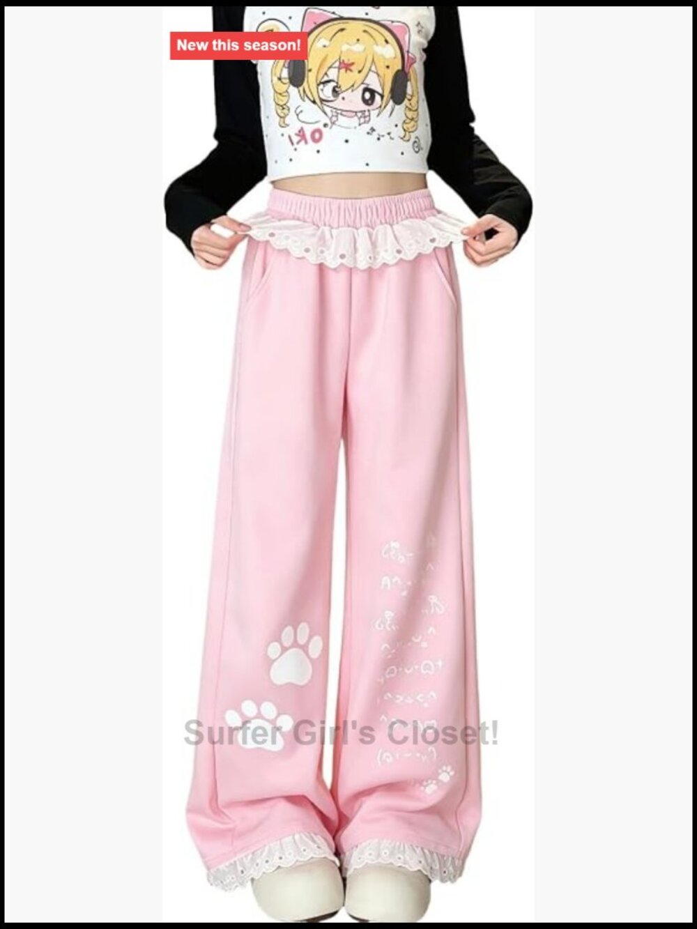 Kawaii Cat Paw Wide Leg Sweatpants Lace Trim Coquette Y2K Loungewear